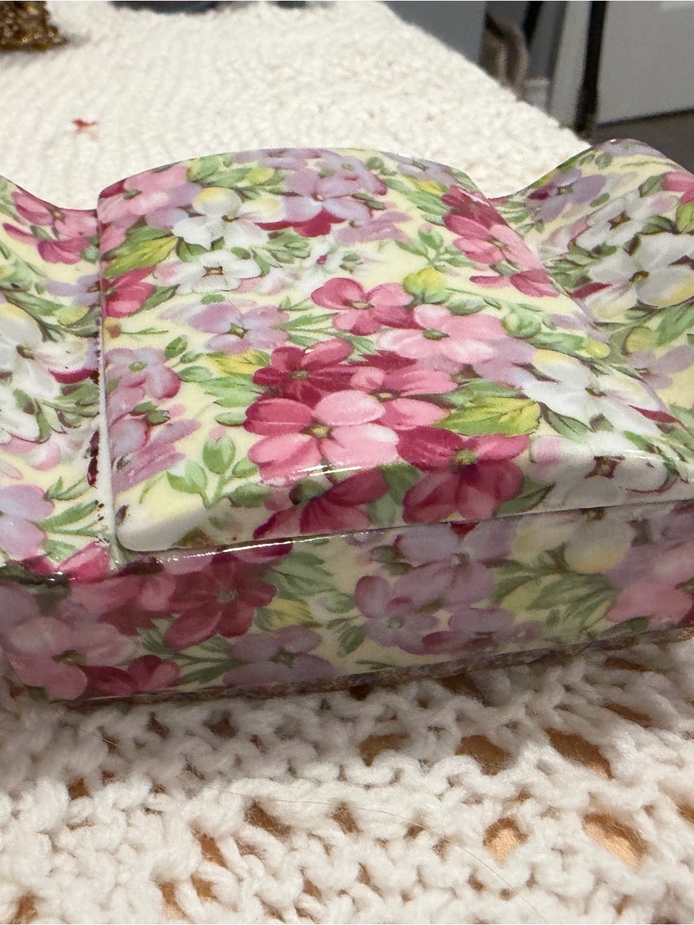 Floral Ceramic Trinket Box - Pink and Green Flower Pattern